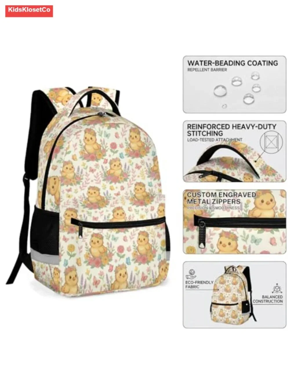 Cute Floral Chicken Backpack for Girls, School Bookbag with Reflective Strip,